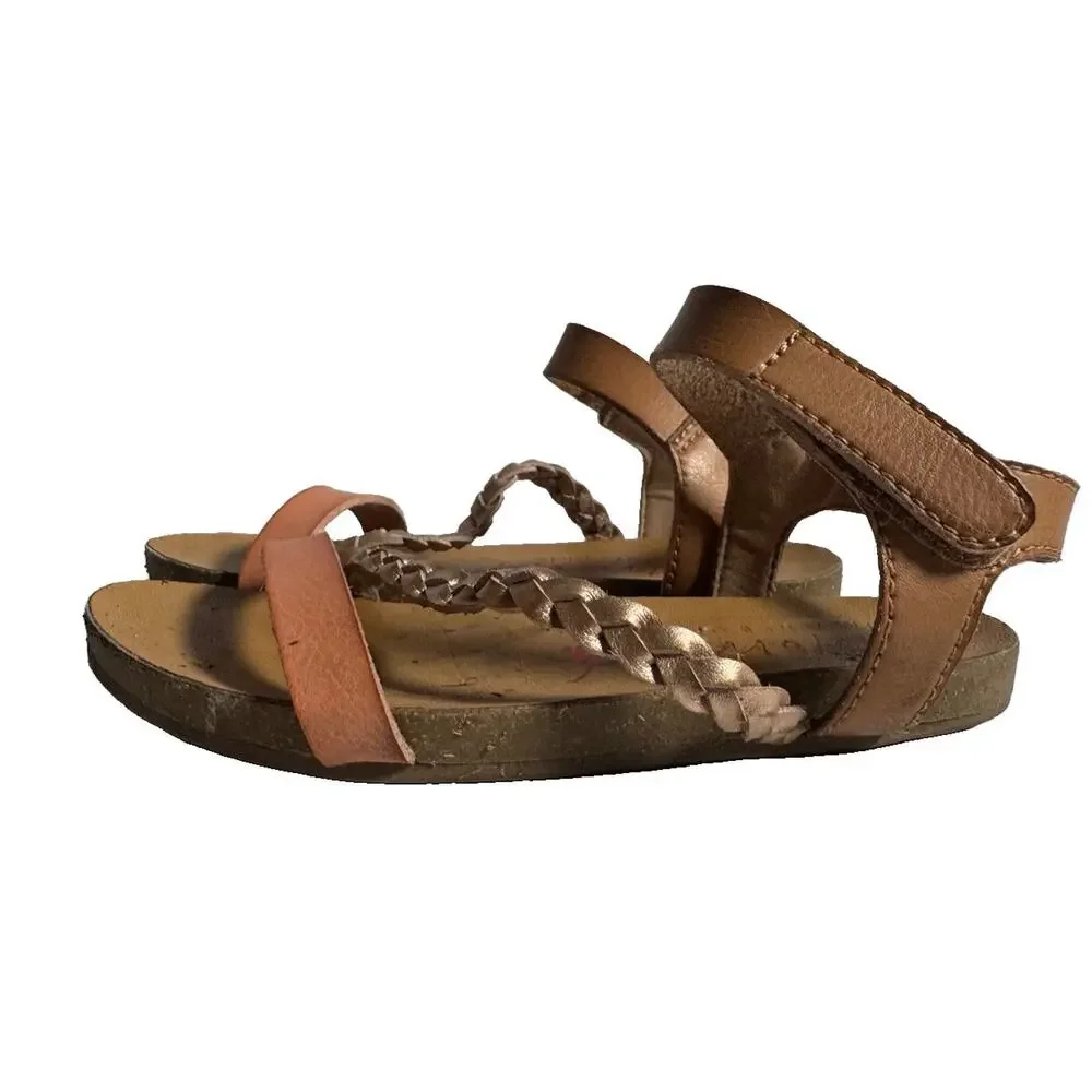 Blowfish Malibu Girls Size 10 Strappy Sandals Tan Coral Gold Braided